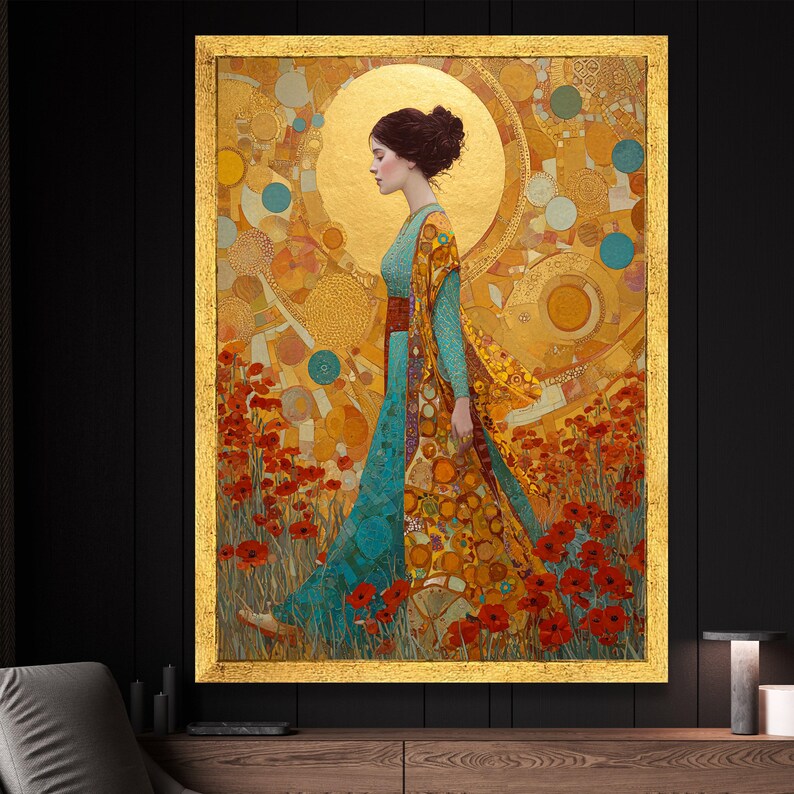 Gustav Klimt Woman in Floral Field Canvas, Golden Art Nouveau Wall Art ...