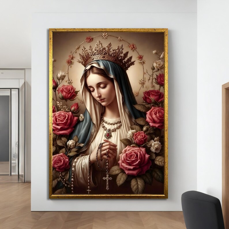May include: A painting of a woman wearing a blue robe and a crown of gold, holding a rosary. She is surrounded by red roses and green leaves.