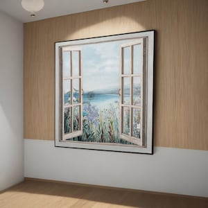 Tranquil Seaside View - Coastal Window Canvas Painting Gift for Relaxing Home Decor