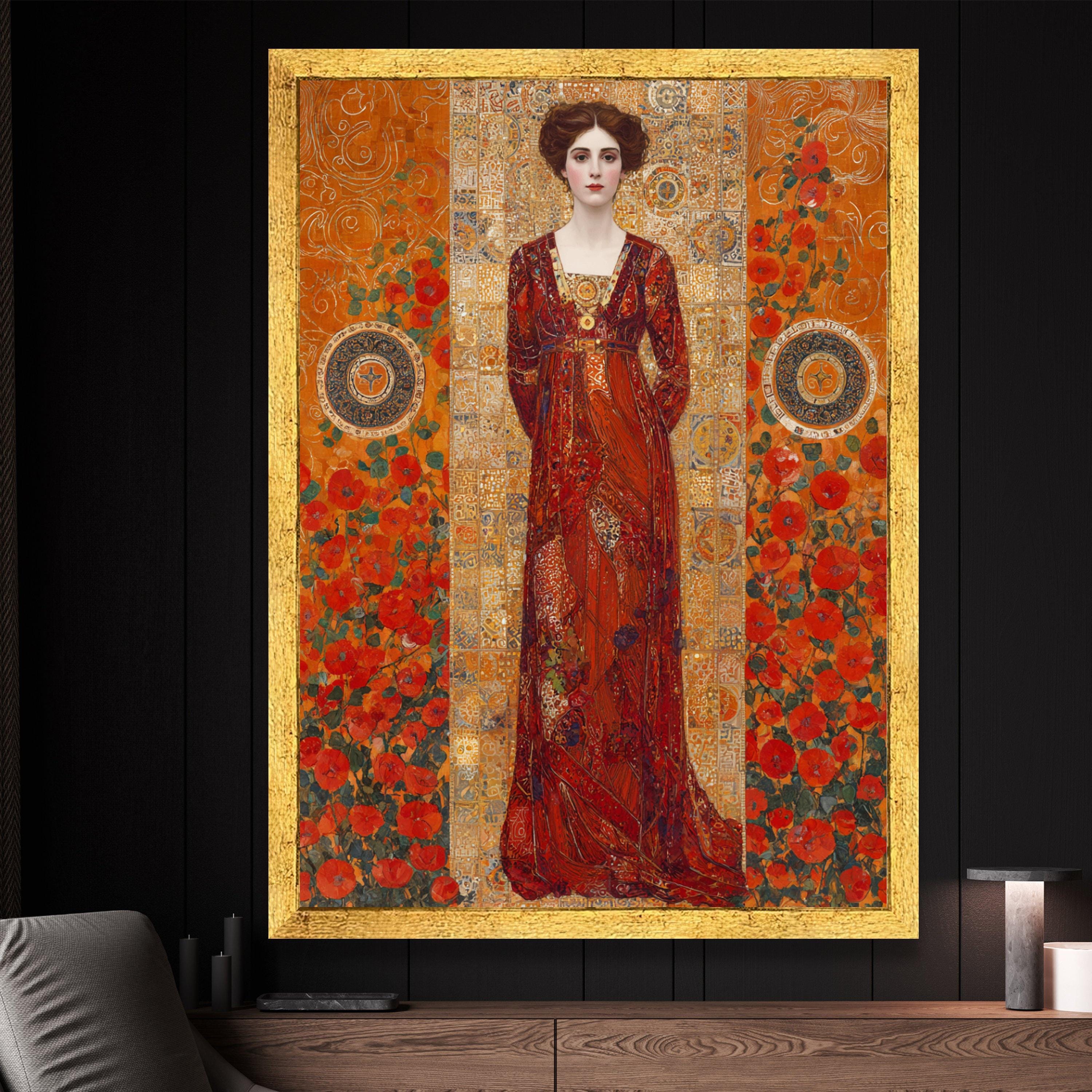 Gustav Klimt Style Portrait Canvas, Woman in Red Dress Wall Art ...