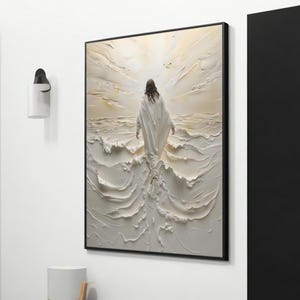 Abstrakter Jesus, der auf Wasser geht Leinwand Malerei, Spirituelle Wanddekoration, Göttliches Licht Moderne Leinwand Kunst, gerahmte Leinwand, Einzigartiges Geschenk