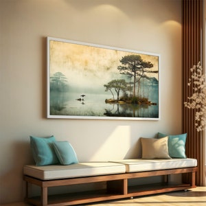 Serenity in the Mist: Tranquil Lake and Tree Canvas Painting, Nature-Inspired Wall Art, Perfect Gift for Nature Lovers