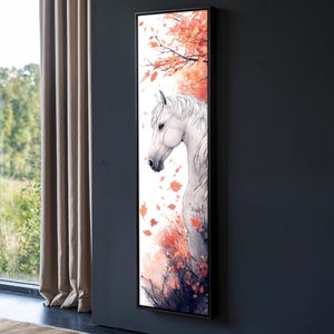 Majestic White Horse Canvas Painting, Autumn Leaves Wall Decor, Tall Skinny Modern Decor, Narrow Wall Art, Gift Idea