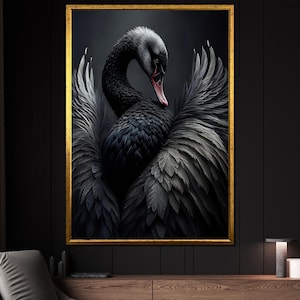 Schwarzer Schwan Leinwand Gemälde, Eleganter Dunkler Vogel Kunstdruck mit Federn, Stimmungsvolle Tier Kunst, Einzigartiges Geschenk