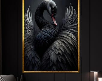 Black Swan Canvas Painting, Elegant Dark Bird Art Print with Feathers, Moody Animal Wall Decor, Graceful Wildlife Artwork, Unique Gift