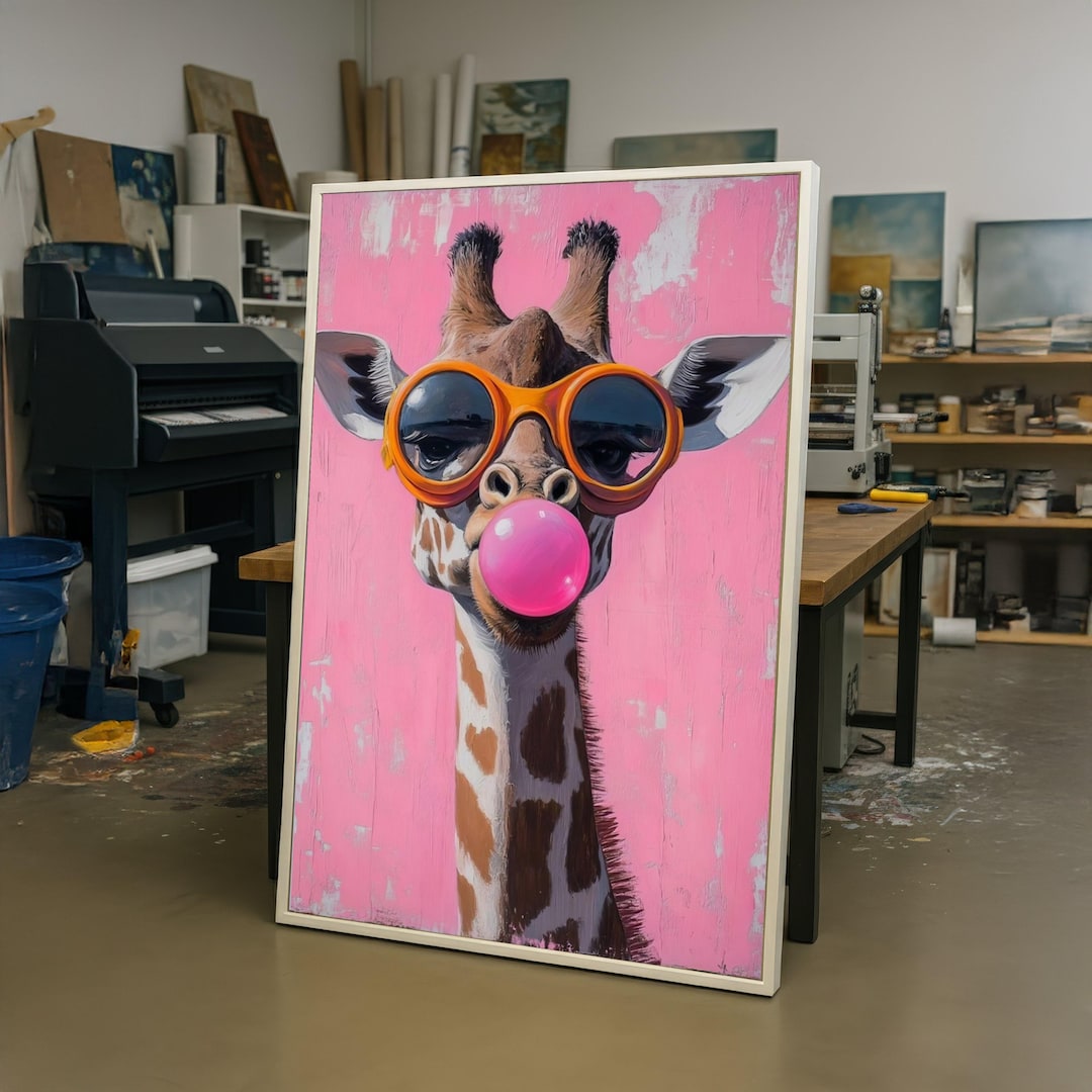 Playful Giraffe With Bubblegum Canvas, Funky Animal Wall Art, Pink ...