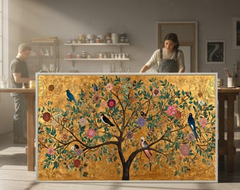 Lienzo "El árbol dorado de la vida" de Gustav Klimt, arte mural floral y de aves, escena ornamental de la naturaleza, elegante decoración para el hogar, obra de arte lista para colgar.