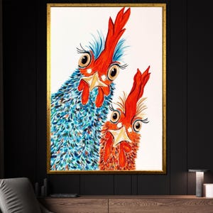 Lustiges Huhn Leinwand Gemälde, Bunter Hahn Wand Kunst für Küche oder Bauernhaus Dekor, Wohnzimmer Dekor, Wunderliche Tier Geschenkidee