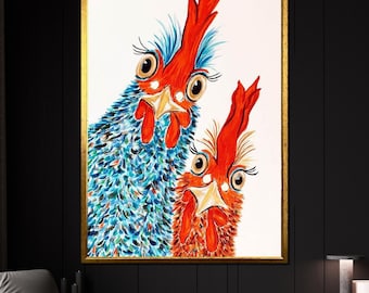 Funny Chicken Canvas Painting, Colorful Rooster Wall Art for Kitchen or Farmhouse Decor, Living Room Decor, Whimsical Animal Gift Idea