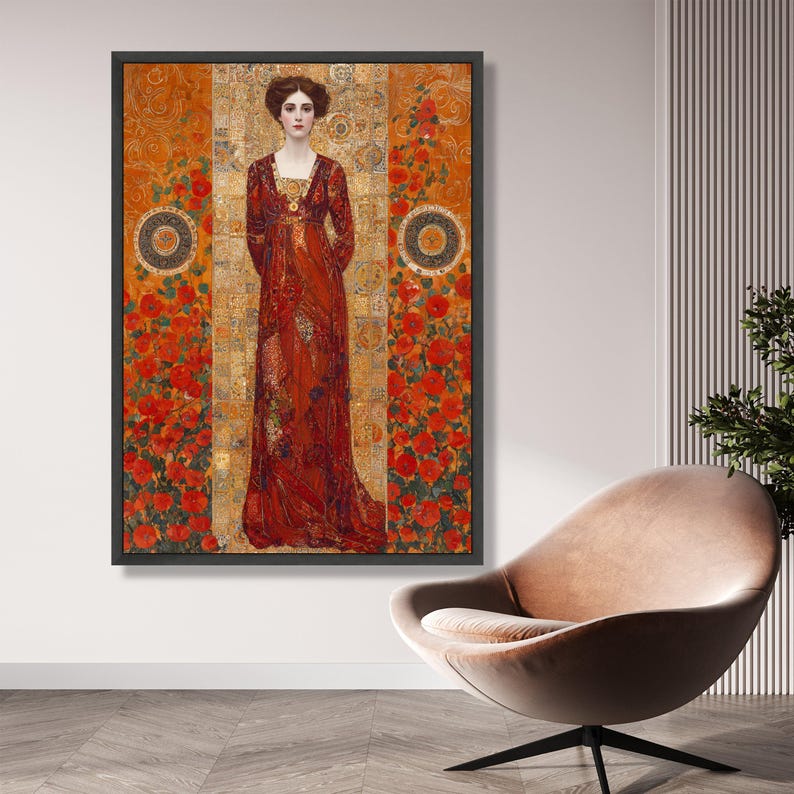Gustav Klimt Style Portrait Canvas, Woman in Red Dress Wall Art ...