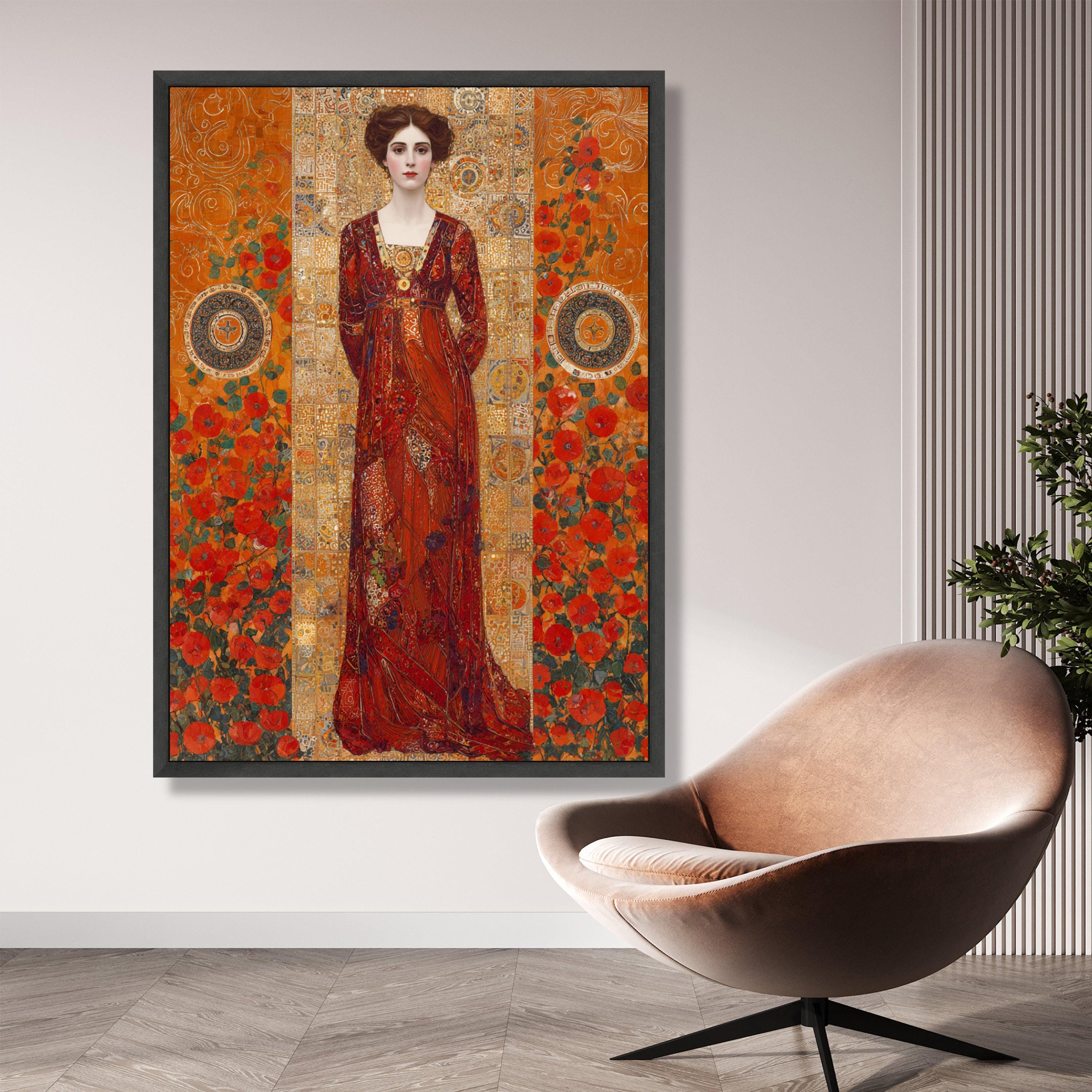 Gustav Klimt Style Portrait Canvas, Woman in Red Dress Wall Art ...