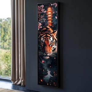 Tiger and Pagoda Canvas Painting, Zen Japanese Cherry Blossom Vertical Wall Decor, Tall Skinny Narrow Wall Art for Hallways, Narrow Wall Art