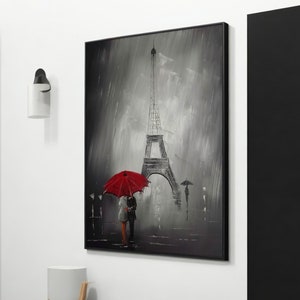 エッフェル塔のキス：赤い傘の下のロマンチックなカップルのキャンバス絵画ギフト