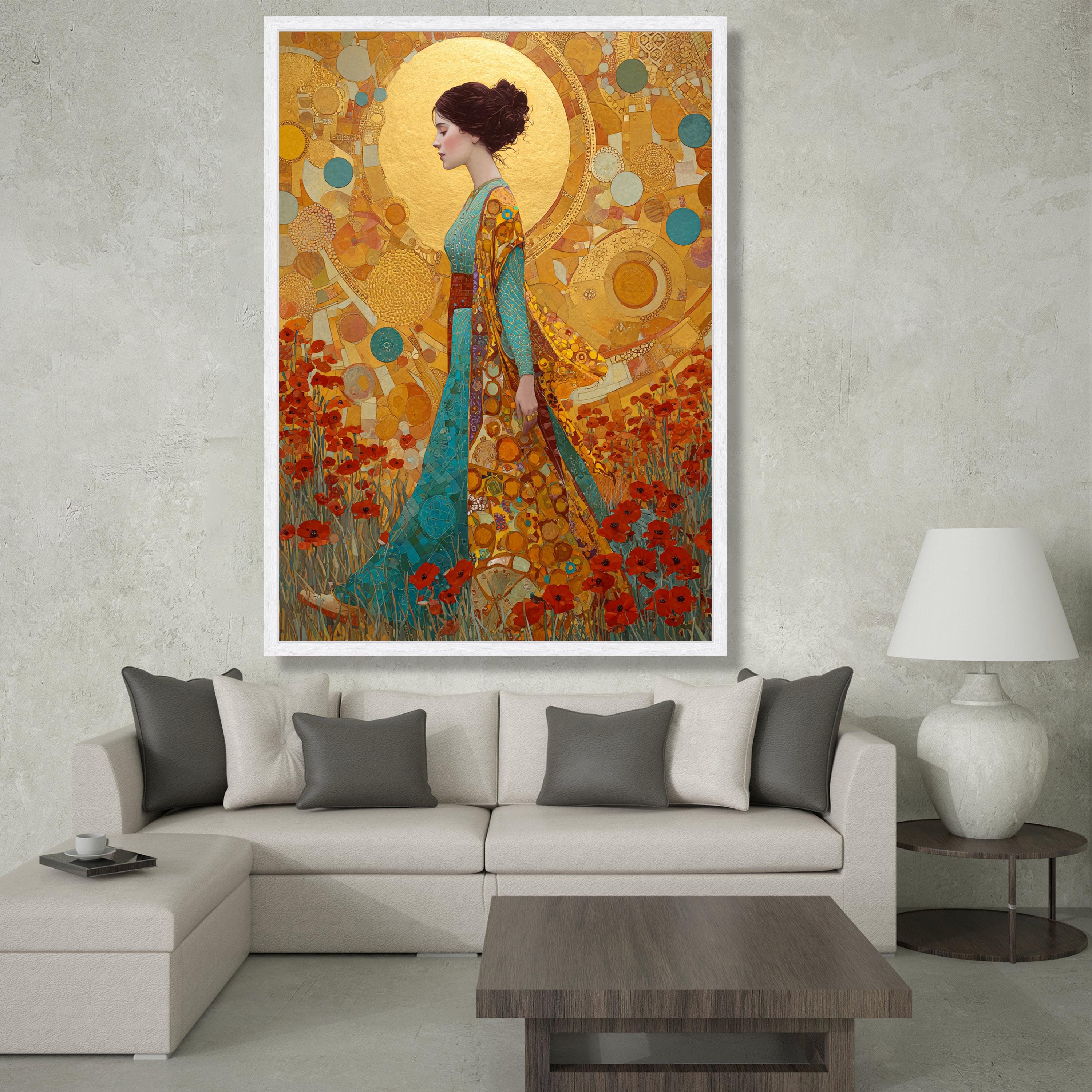 Gustav Klimt Woman in Floral Field Canvas, Golden Art Nouveau Wall Art ...