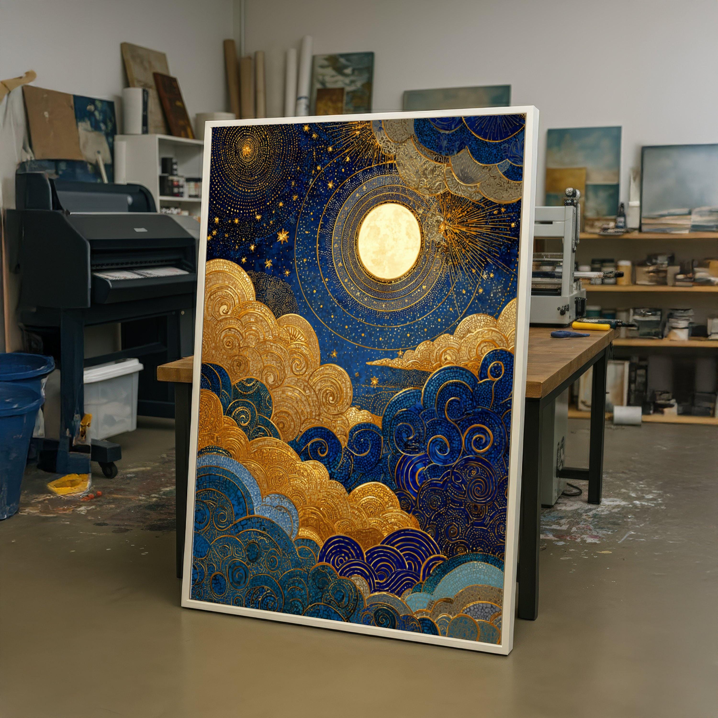グスタフ・クリムト天空のキャンバス、黄金の月と星の壁アート、装飾的