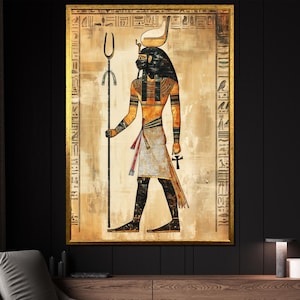 Ancient Egyptian God Canvas Painting, Hieroglyphic Wall Art with Mythological Theme for Study or Living Room, Cultural History Art Gift