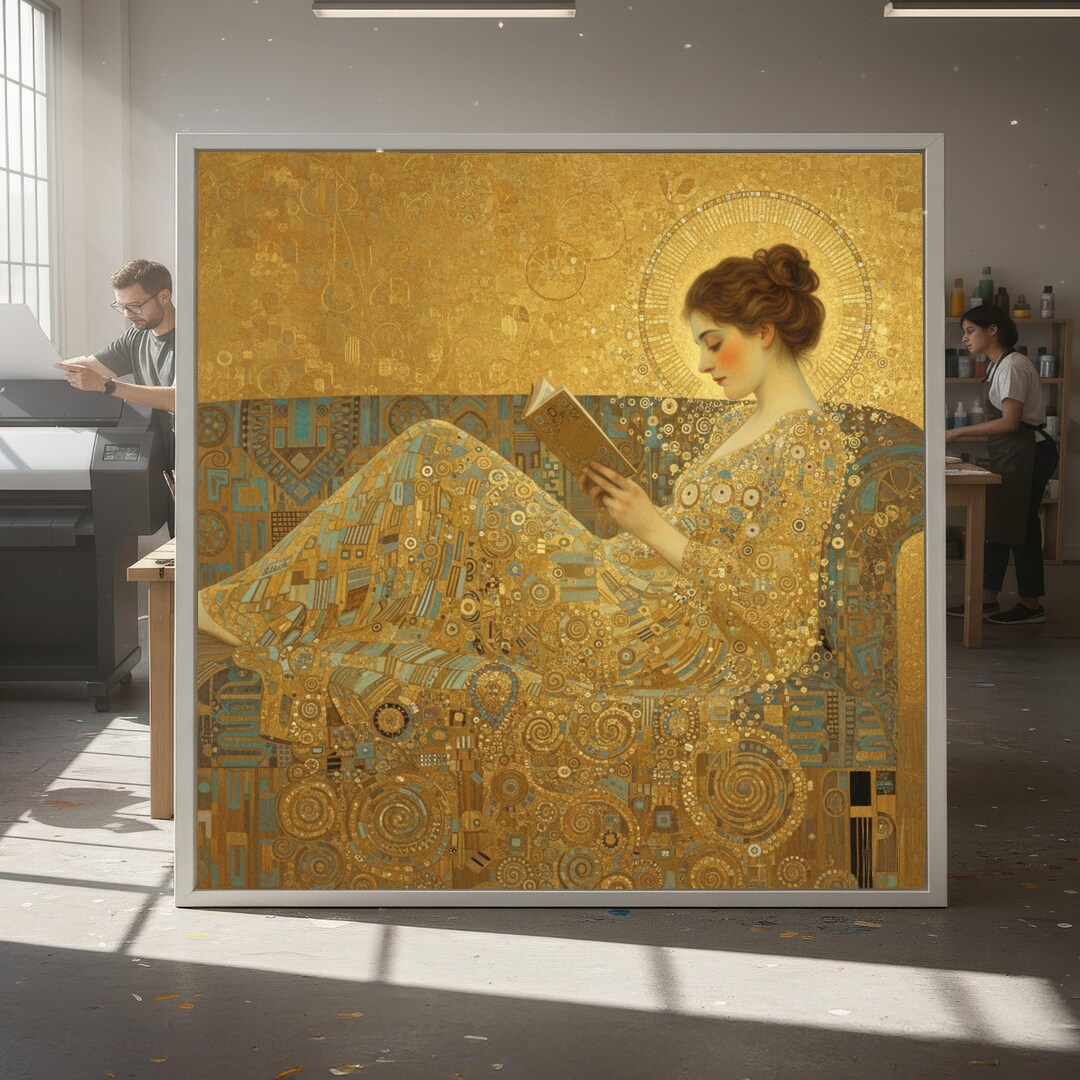 Gustav Klimt Reading Woman Canvas Wall Art, Gold Decorative Modern Art ...
