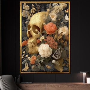 Golden Skull With Floral Pattern, Baroque Style Canvas Painting, Skull Print, Dark Floral Wall Decor, Skull Art For Living Room, Unique Gift