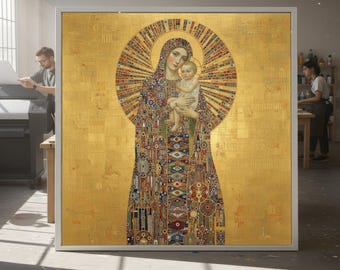 Gustav Klimt Madonna and Child Canvas Wall Art, Gold Religious Painting, Decorative Home Art, Iconic Renaissance Style Canvas
