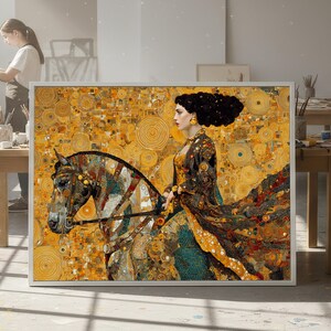 Gustav Klimt Woman on Horse Canvas, Golden Art Nouveau Canvas, Decorative Wall Art, Elegant Home Decor, Classic Art Print image 1