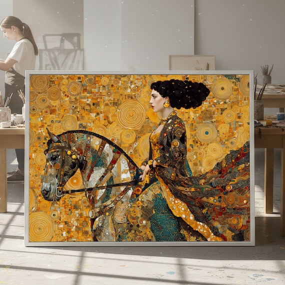 Gustav Klimt Woman on Horse Canvas, Golden Art Nouveau Canvas, Decorative Wall Art, Elegant Home Decor, Classic Art Print