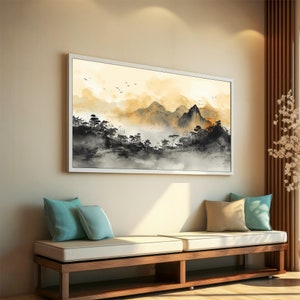 Nevelbergen en rustig landschap canvas schilderij, Aziatisch geïnspireerde kunst, serene wanddecoratie, ideaal cadeau voor natuurliefhebbers