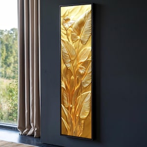 Elegant Gold Floral Embossed Canvas Wall Art, Long Narrow Wall Art, Vertical Wall Art, Floral Canvas Decor, Home Wall Decor, Unique Art Gift
