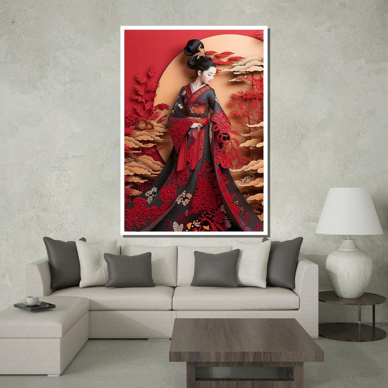 Asian Woman Canvas Painting, Elegant Geisha Wall Art With Red Kimono ...