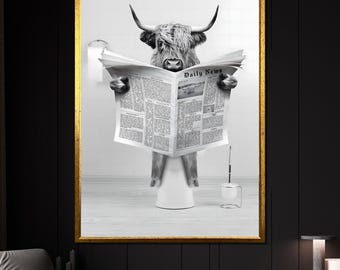 Funny Highland Cow Canvas Wall Art, Toilet Humor Animal Print with Newspaper, Black and White Bathroom Decor, Funny Wall Print, Unique Gift