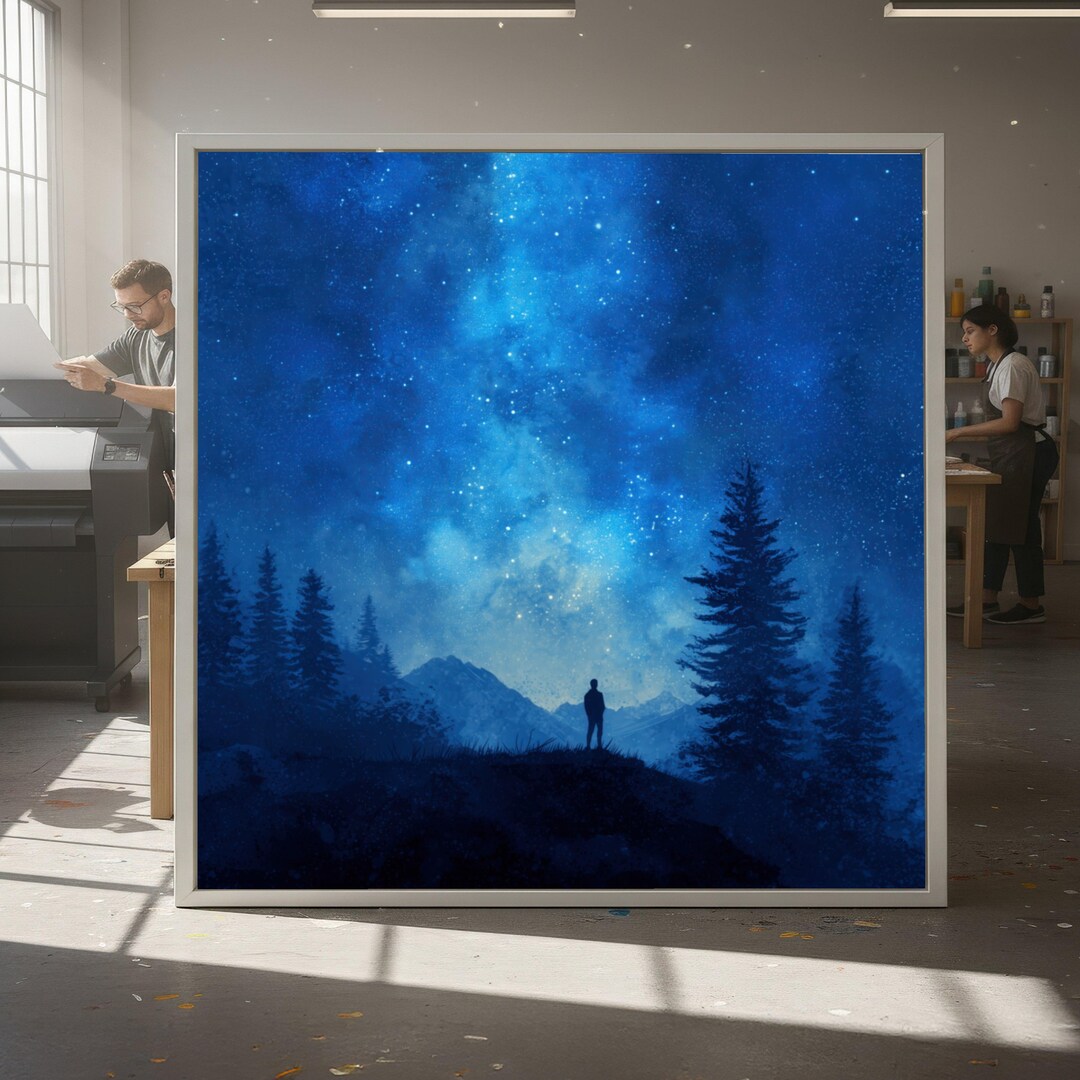 Starry Night Sky Canvas Wall Art, Silhouette Mountain Landscape, Blue ...