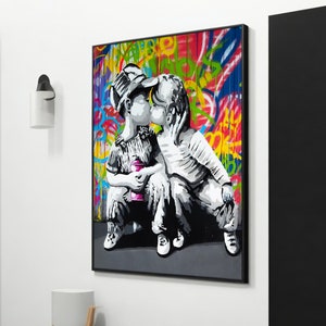 Adorable Kids Kissing Graffiti Art Canvas, Banksy Style Urban Decor, Perfect Gift for Street Art Lovers