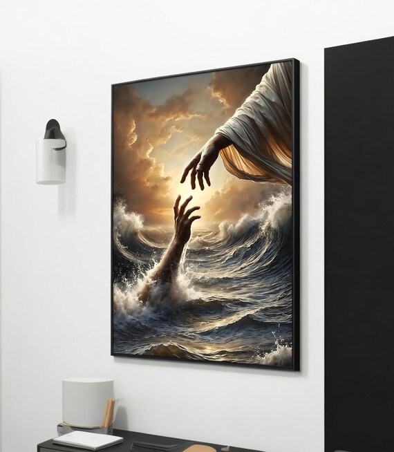 Divine Rescue at Sea Canvas Art - Jesus Hand Reaching, Inspirational Christian Wall Decor, Spiritual Gift, Ready to Hang, Faith Wall Art