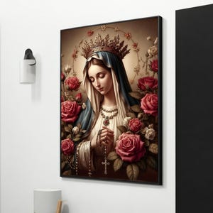 May include: A painting of a woman wearing a crown and a blue robe, holding a rosary. She is surrounded by red roses and a halo of light.