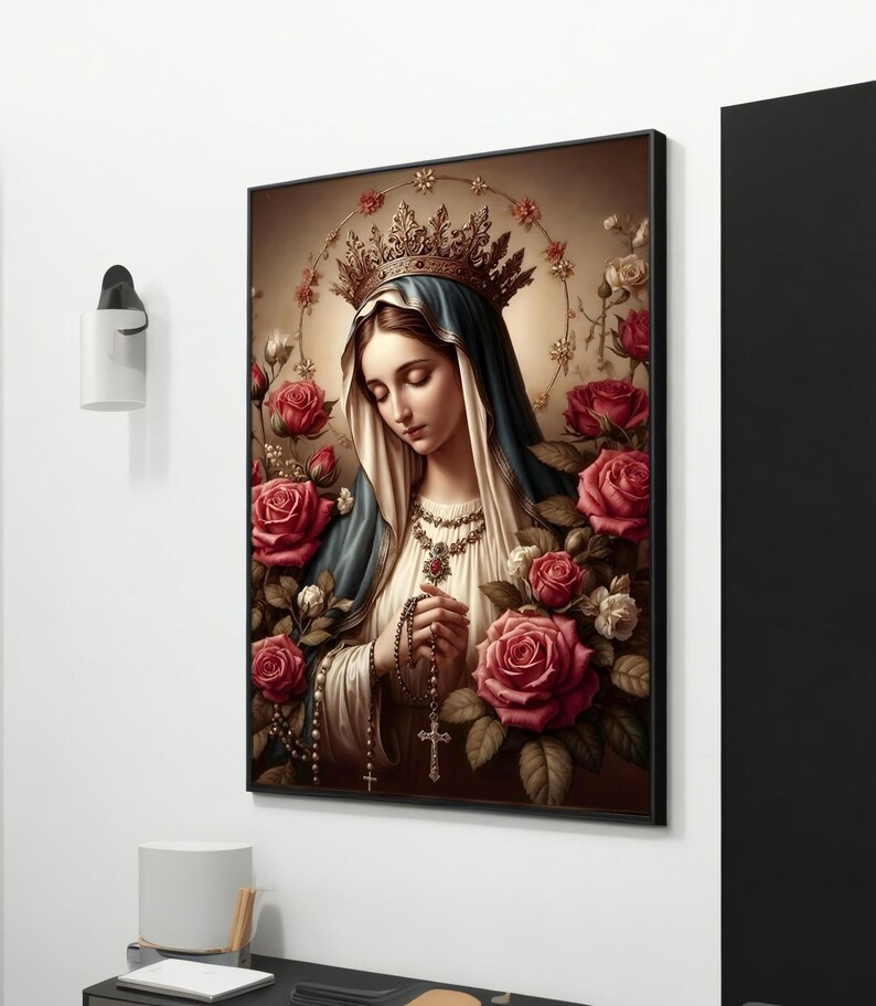 May include: A painting of a woman wearing a crown and a blue robe, holding a rosary. She is surrounded by red roses and a halo of light.