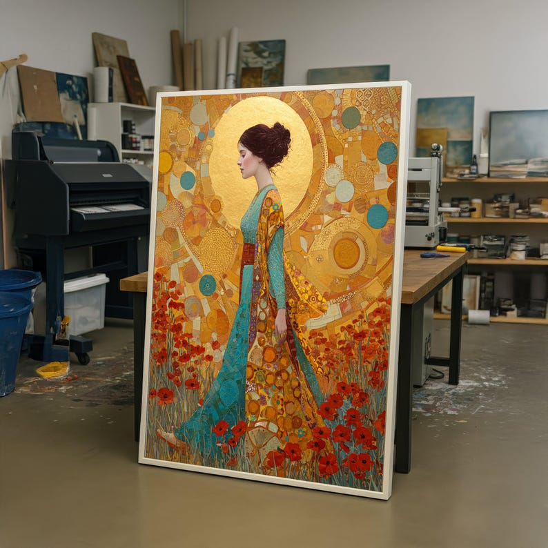 Gustav Klimt Woman in Floral Field Canvas, Golden Art Nouveau Wall Art ...