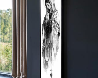 Virgin Mary Prayer Canvas Art - Religious Wall Decor, Black and White Catholic Art, Holy Mother Narrow Wall Art, Long Thin Wall Art