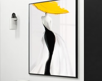 Nobleza del amarillo: lienzo con icono de la moda moderna, obra de arte de mujer elegante con sombrero amarillo, decoración de pared elegante, perfecta para regalar