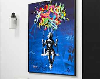 Vibrant Banksy-Inspired Graffiti Swing Girl Canvas Art - Bold Urban Street Art for Unique Home Decor Gift