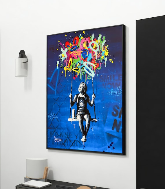 Vibrant Banksy-inspired Graffiti Swing Girl Canvas Art - Bold