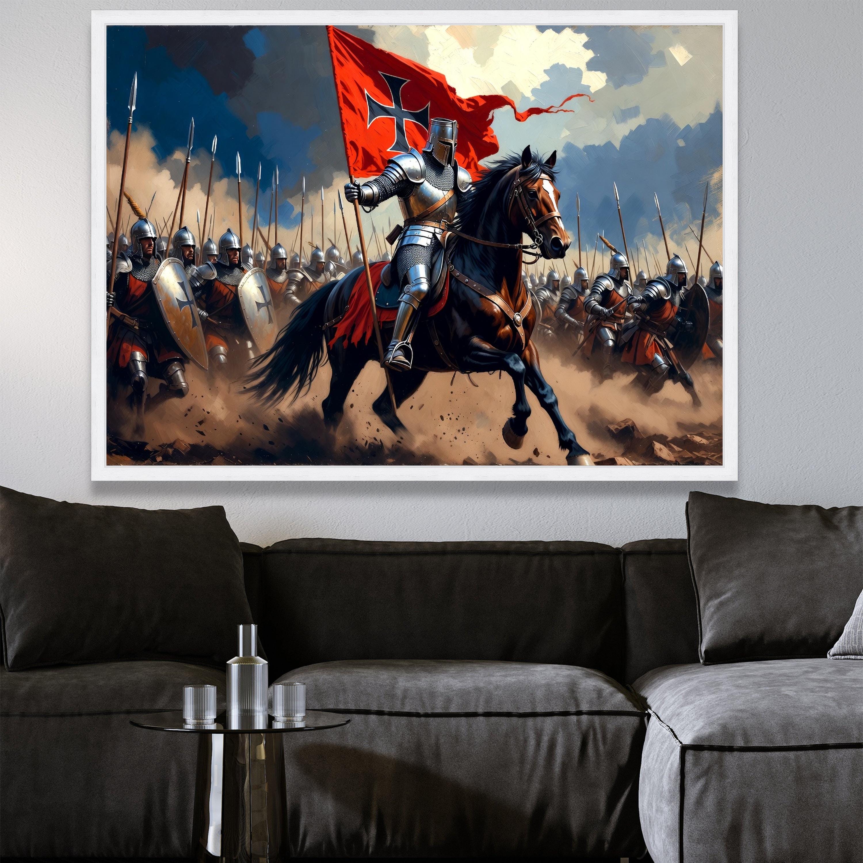 Medieval Knight Charge Canvas, Crusader Horseback Warrior Art ...