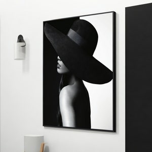 Mysterious Silhouette Canvas Art - Sexy Modern Wall Decor, Elegant Black Hat Woman, Unique Gift Idea