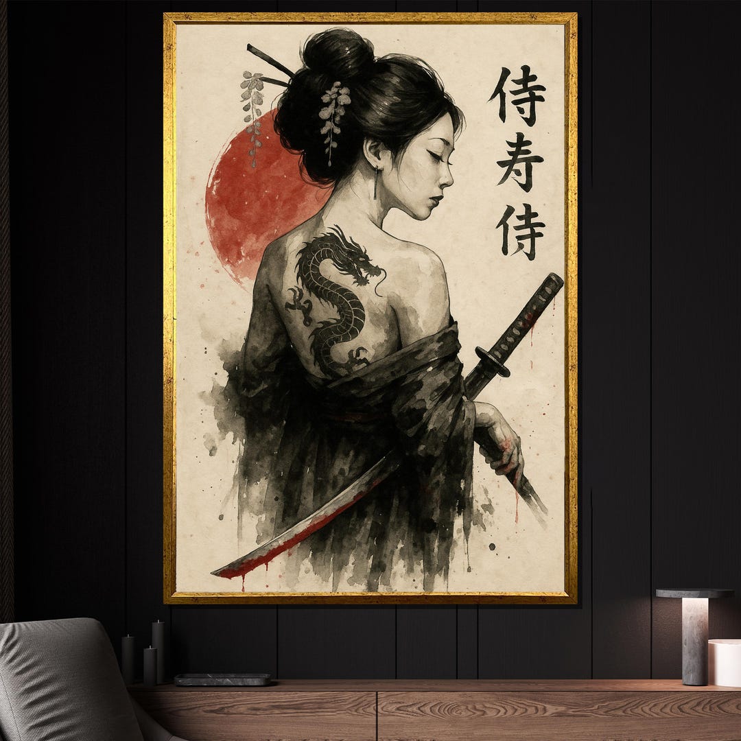 Samurai Woman Canvas Painting, Japanese Geisha Art With Dragon Tattoo ...