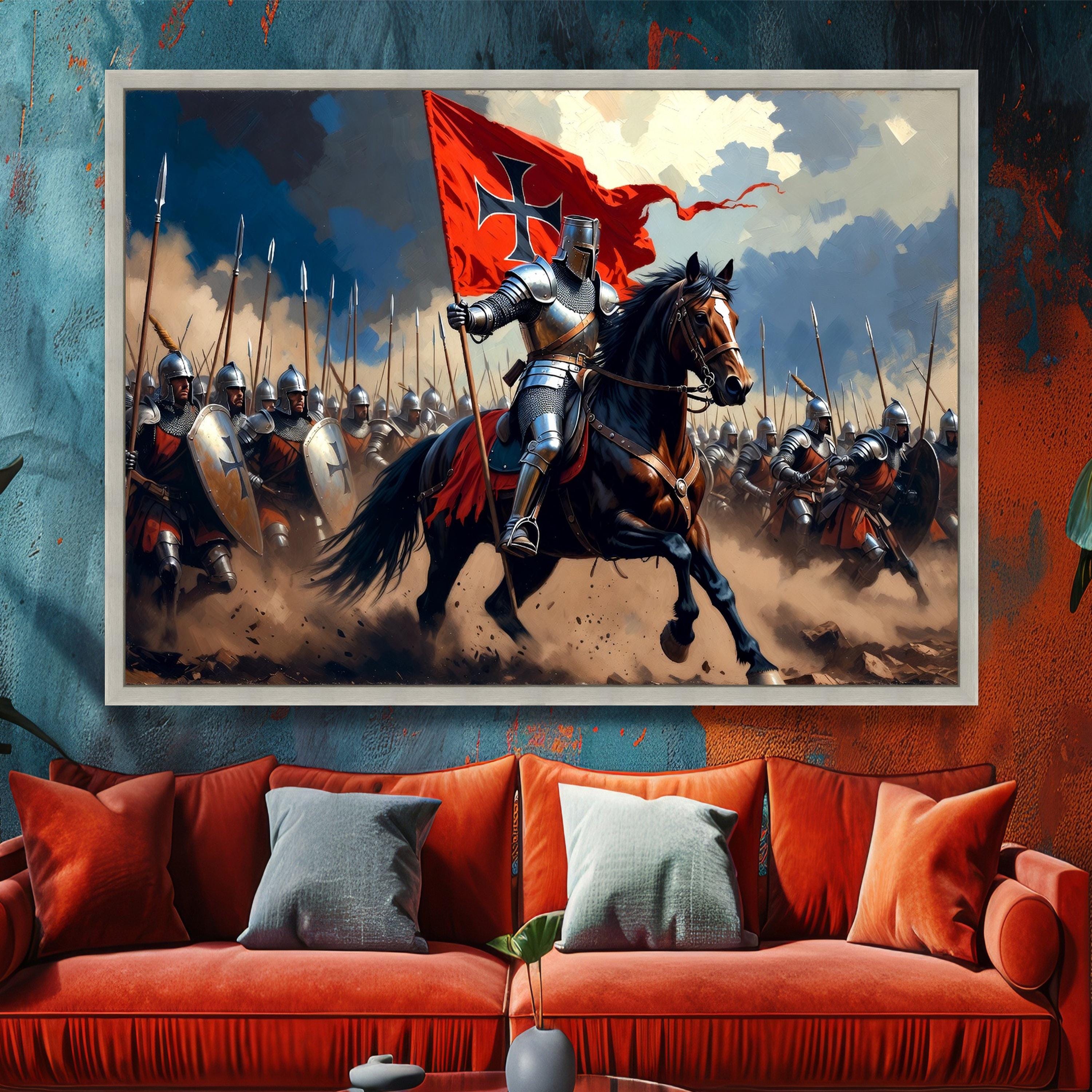 Medieval Knight Charge Canvas, Crusader Horseback Warrior Art ...