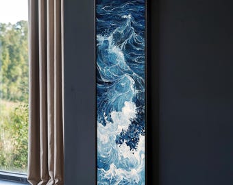 Ocean Wave Abstract narrow Wall Painting - Large Coastal Wall Decor, Blue Fluid Art Painting, Long Narrow Wall Art, Vertical Wall Art
