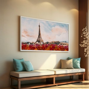 Eiffel Tower with Blooming Flowers Canvas Painting, Parisian Landscape Art, Romantic Wall Decor, French Inspired Gift,Paris Scene Canvas Art