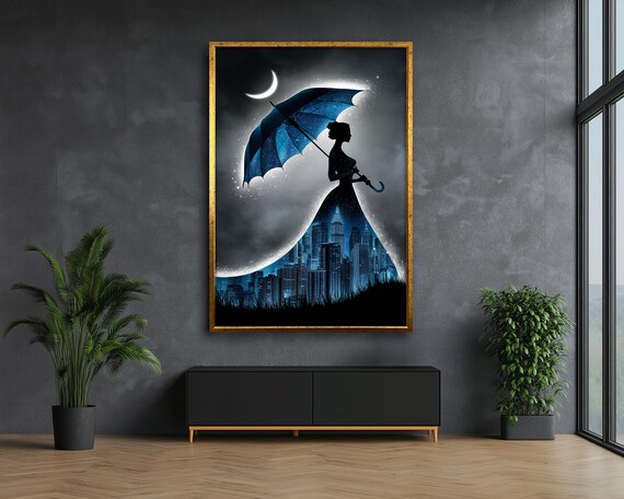 絵画青い傘を持つ女性