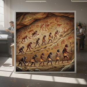 May include: Framed artwork showing the evolution of humans, rendered in a cave painting style. The image features a sequence of figures, from ape-like forms to modern humans, set against a backdrop of cave art. The artwork is displayed in a well-lit studio.