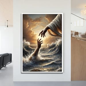May include: A painting of a hand reaching out from the stormy sea towards a hand reaching down from a figure in the sky. The sky is a dramatic sunset with clouds. The sea is a dark blue with white waves.