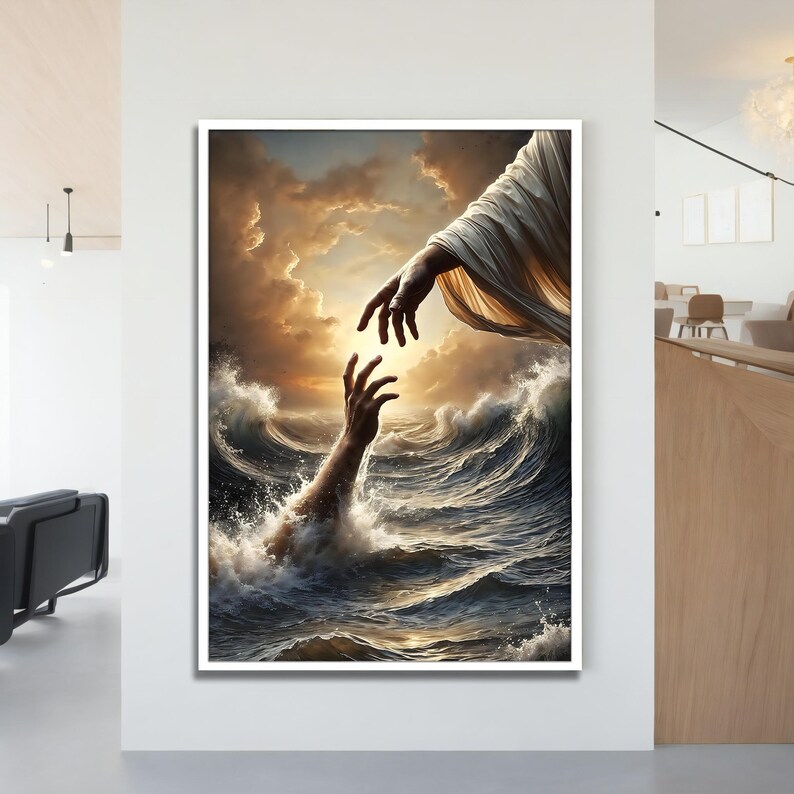 May include: A painting of a hand reaching out from the stormy sea towards a hand reaching down from a figure in the sky. The sky is a dramatic sunset with clouds. The sea is a dark blue with white waves.