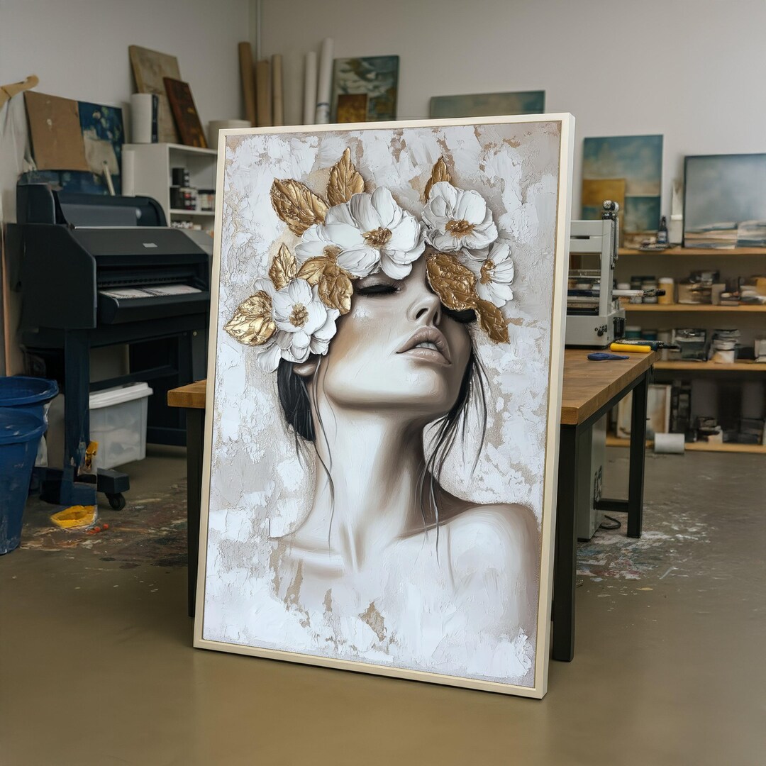 Elegant Woman With Golden Floral Crown Canvas, Modern Portrait Wall Art ...